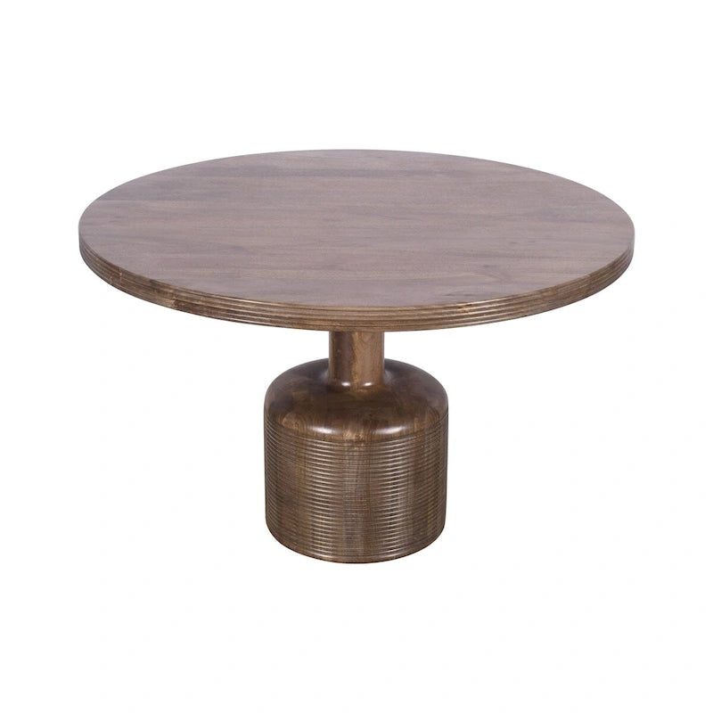 Round Natural Brown Mango Wood Dining Table with Brass Pedestal Base