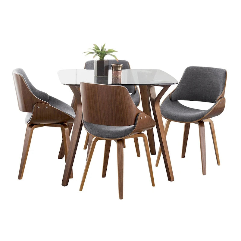 Mid-Century Modern Grey Upholstered Dining Chair Walnut Wood Curved Back