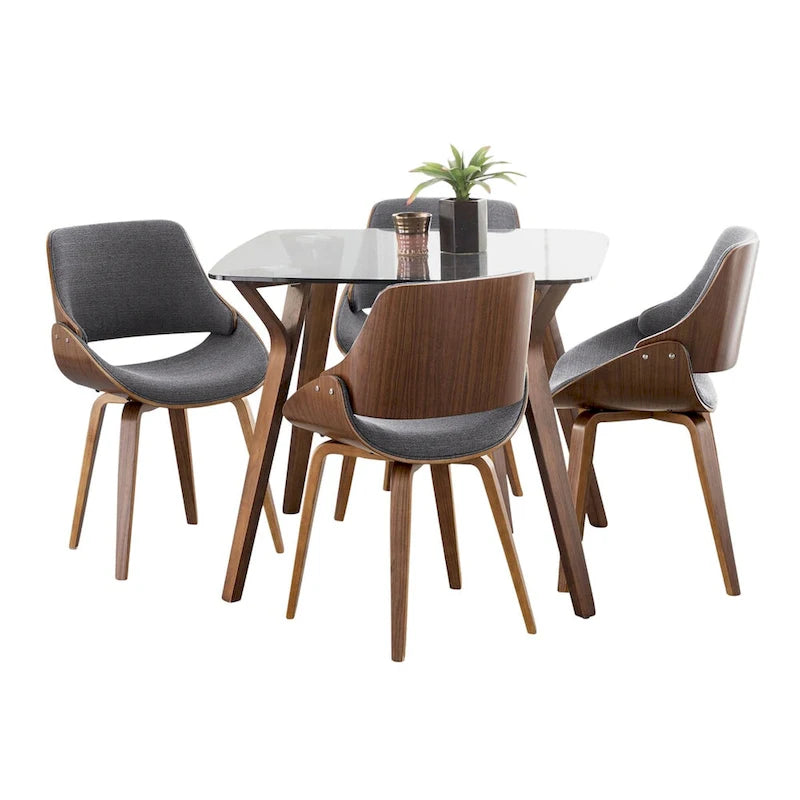 Chaise de salle à manger gris tapissé, moderne milieu de siècle, bois de noyer et dossier incurvé