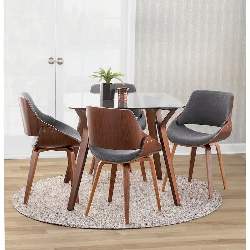 Mid-Century Modern Grey Upholstered Dining Chair Walnut Wood Curved Back