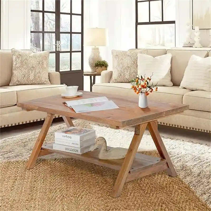 Table basse rectangulaire rustique en bois naturel avec pieds en A et étagère de rangement
