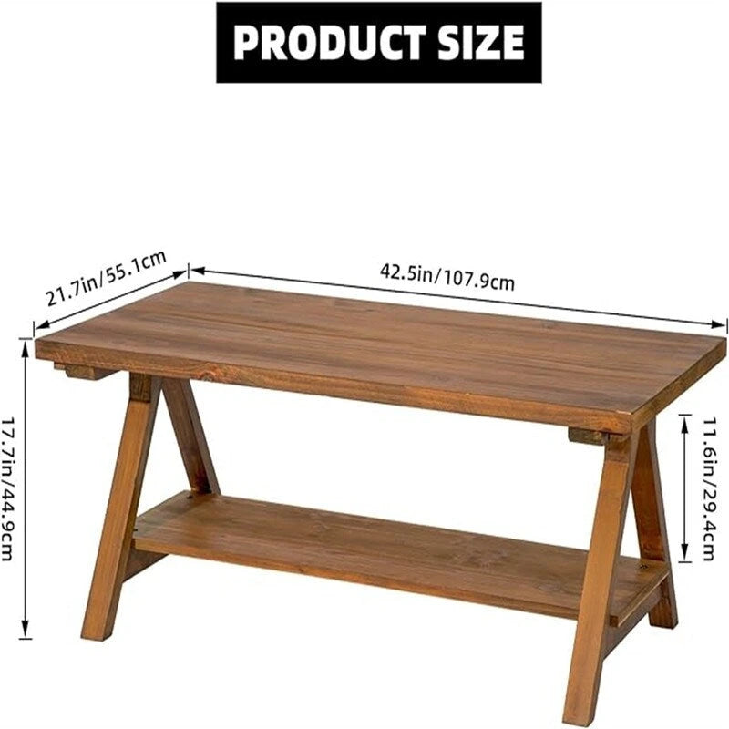 Table basse rectangulaire rustique en bois naturel avec pieds en A et étagère de rangement