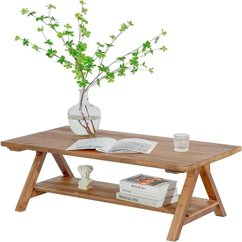 Rustic Natural Wood Rectangular Coffee Table with A-Frame Legs and Storage Shelf