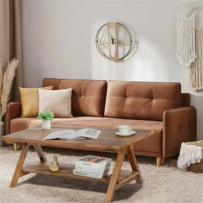 Table basse rectangulaire rustique en bois naturel avec pieds en A et étagère de rangement