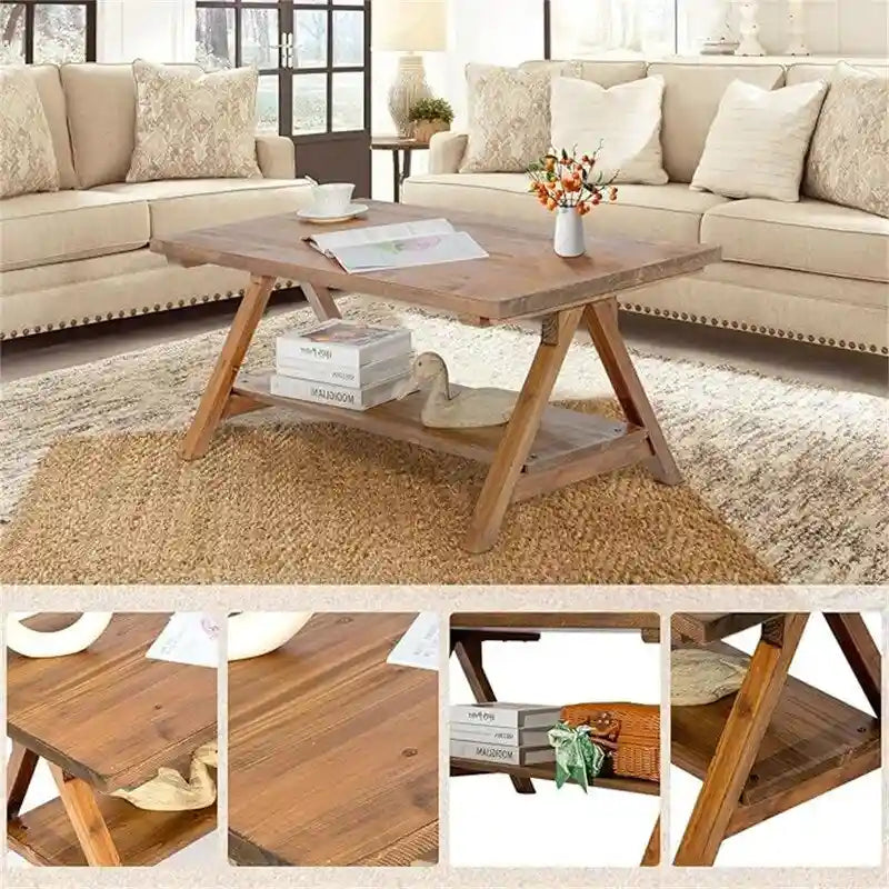 Rustic Natural Wood Rectangular Coffee Table with A-Frame Legs and Storage Shelf