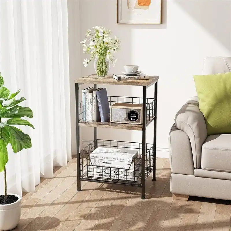 Industrial Rustic Brown 3-Tier End Table with Black Wire Basket Storage
