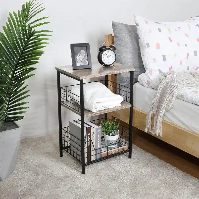 Industrial Rustic Brown 3-Tier End Table with Black Wire Basket Storage