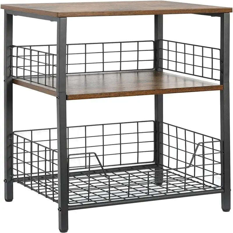 Industrial Rustic Brown 3-Tier End Table with Black Wire Basket Storage