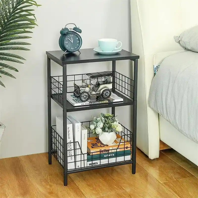 Industrial Rustic Brown 3-Tier End Table with Black Wire Basket Storage