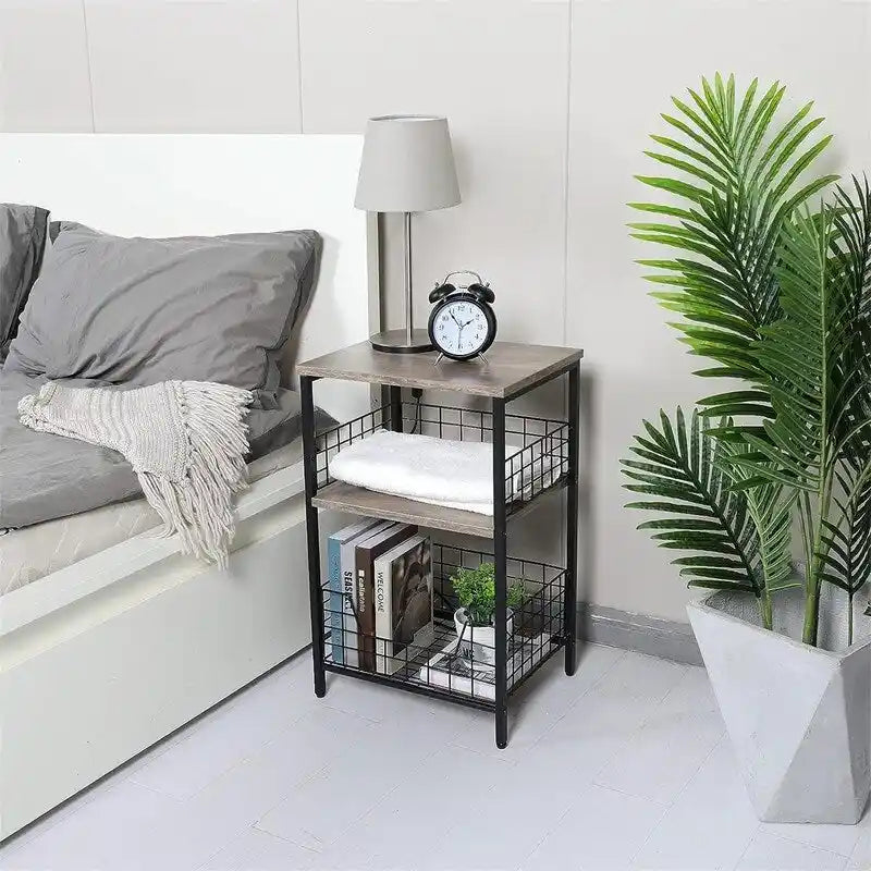 Industrial Rustic Brown 3-Tier End Table with Black Wire Basket Storage