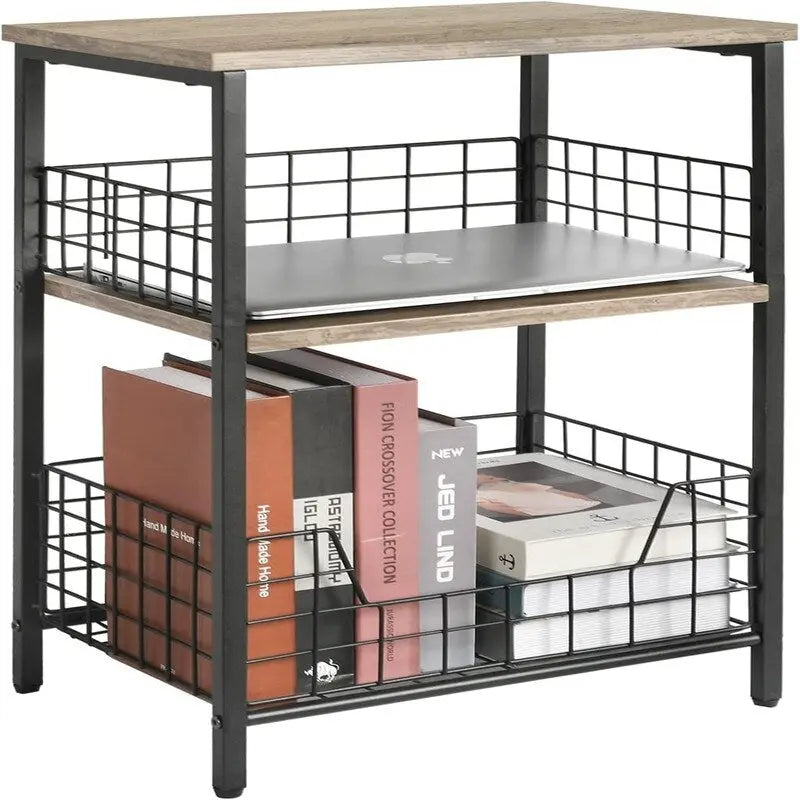 Industrial Rustic Brown 3-Tier End Table with Black Wire Basket Storage