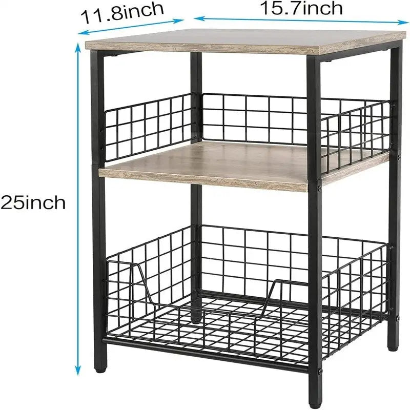 Industrial Rustic Brown 3-Tier End Table with Black Wire Basket Storage