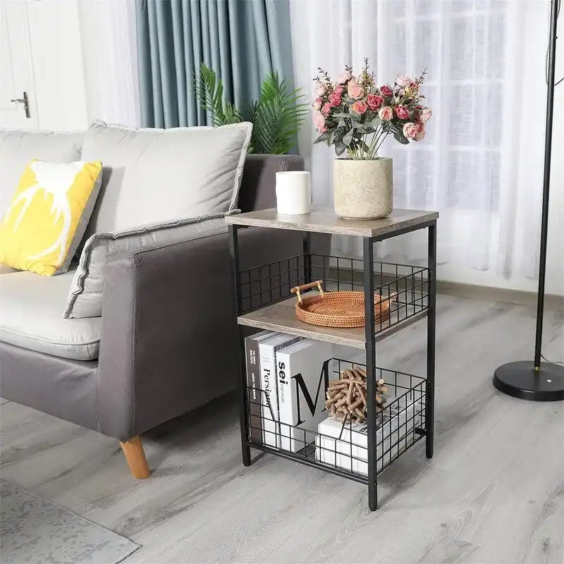 Industrial Rustic Brown 3-Tier End Table with Black Wire Basket Storage
