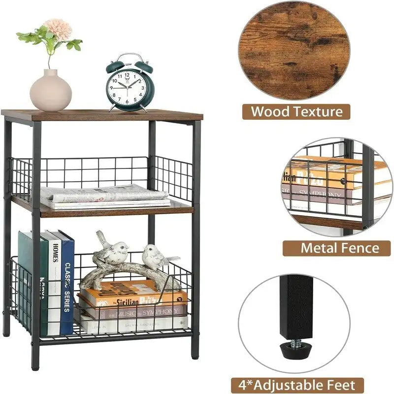 Table d'appoint industrielle marron rustique à 3 niveaux avec panier de rangement en fil métallique noir