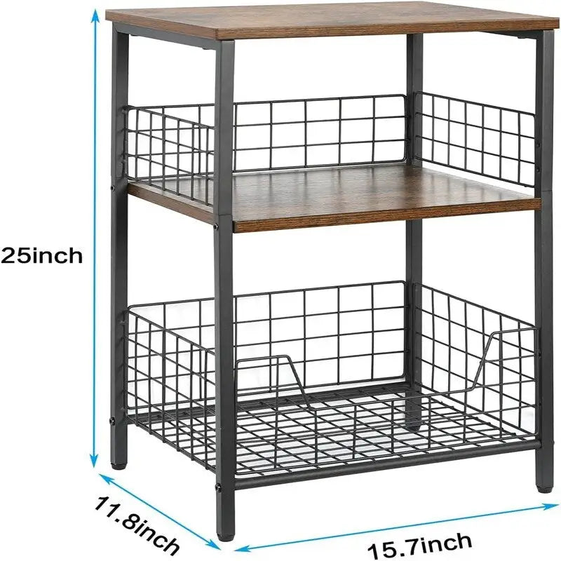 Table d'appoint industrielle marron rustique à 3 niveaux avec panier de rangement en fil métallique noir