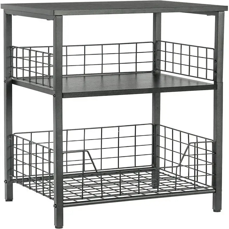 Table d'appoint industrielle marron rustique à 3 niveaux avec panier de rangement en fil métallique noir