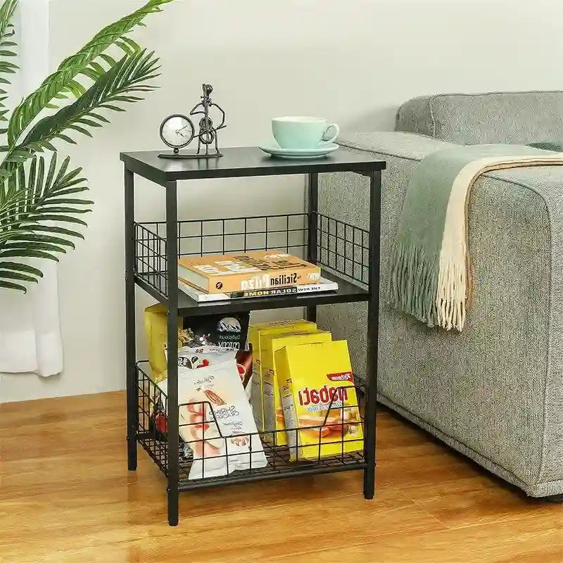 Table d'appoint industrielle marron rustique à 3 niveaux avec panier de rangement en fil métallique noir