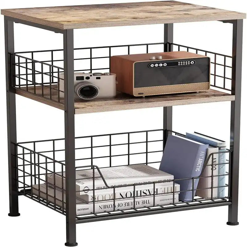 Table d'appoint industrielle marron rustique à 3 niveaux avec panier de rangement en fil métallique noir