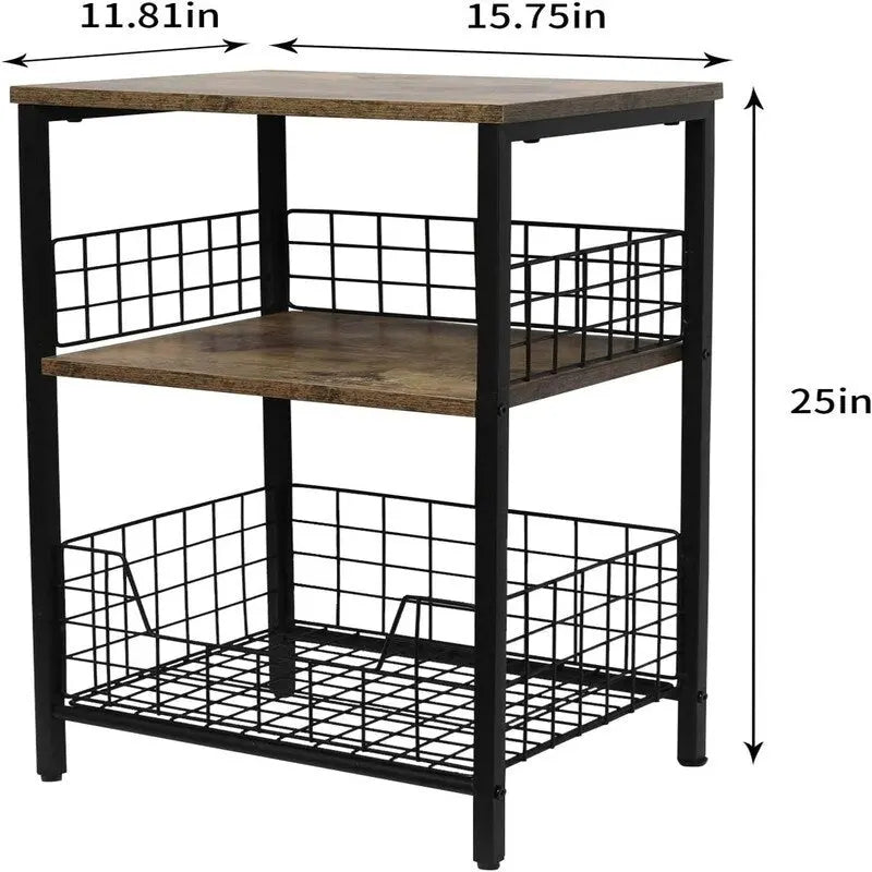 Table d'appoint industrielle marron rustique à 3 niveaux avec panier de rangement en fil métallique noir