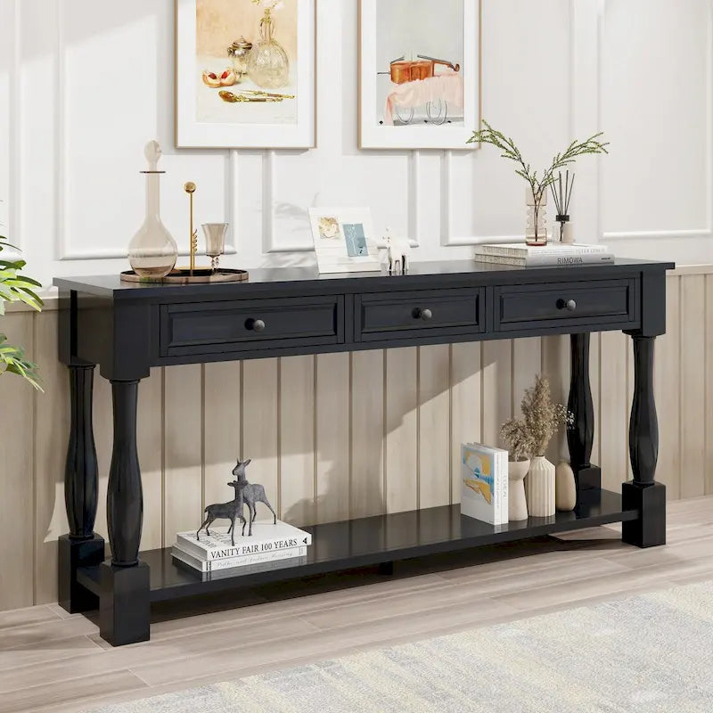 Distressed Solid Wood Console Table with 3 Drawers and Bottom Shelf, Espresso / Antique White / Navy