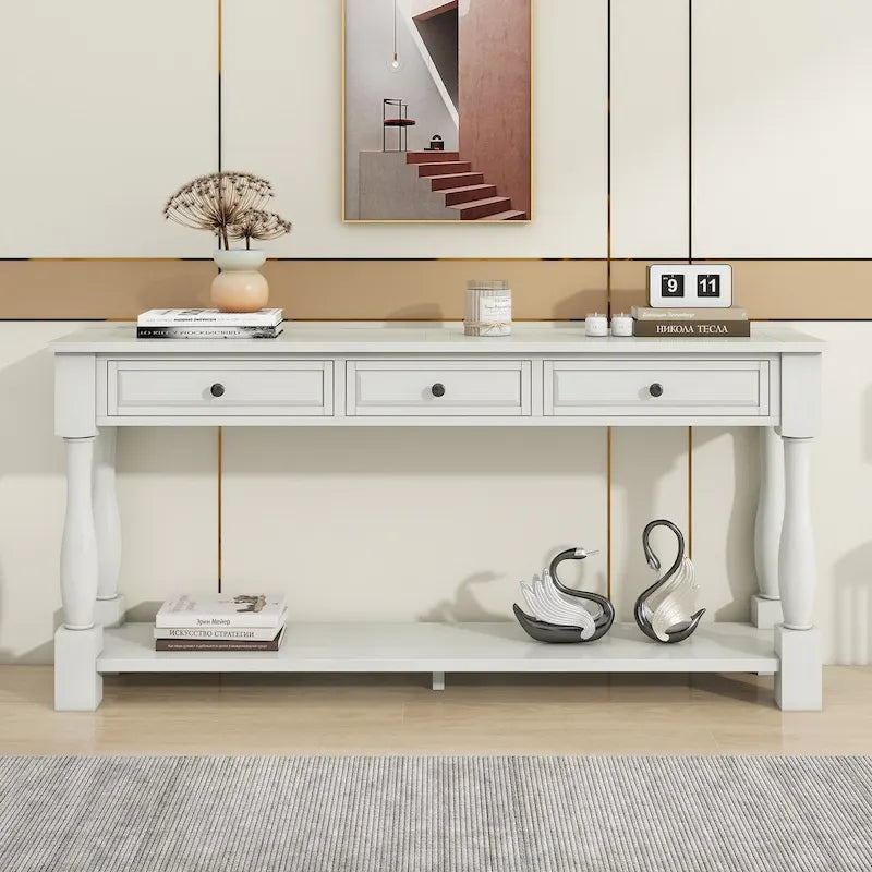 Distressed Solid Wood Console Table with 3 Drawers and Bottom Shelf, Espresso / Antique White / Navy