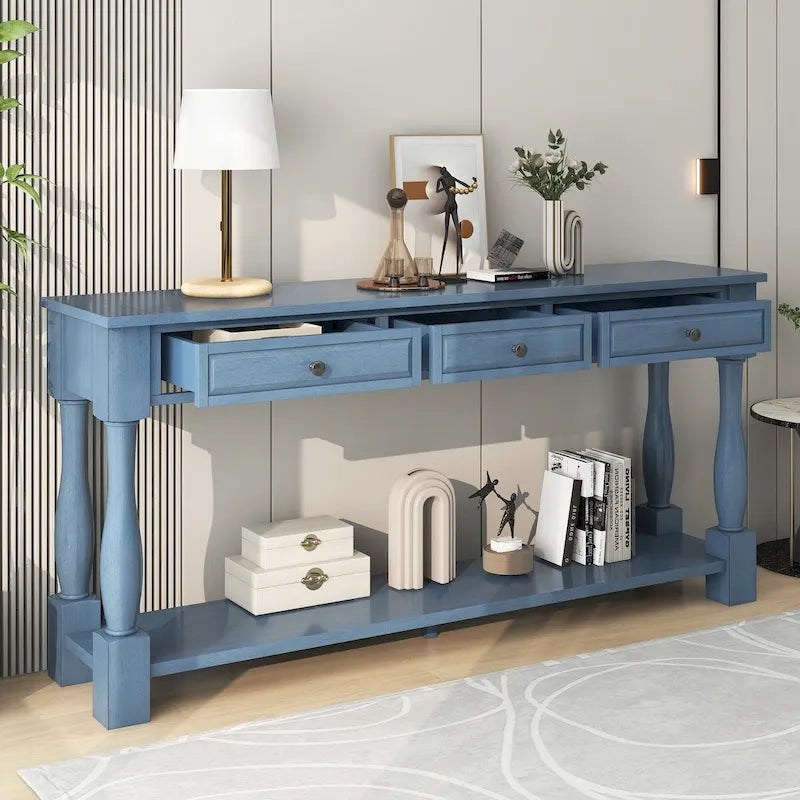 Distressed Solid Wood Console Table with 3 Drawers and Bottom Shelf, Espresso / Antique White / Navy