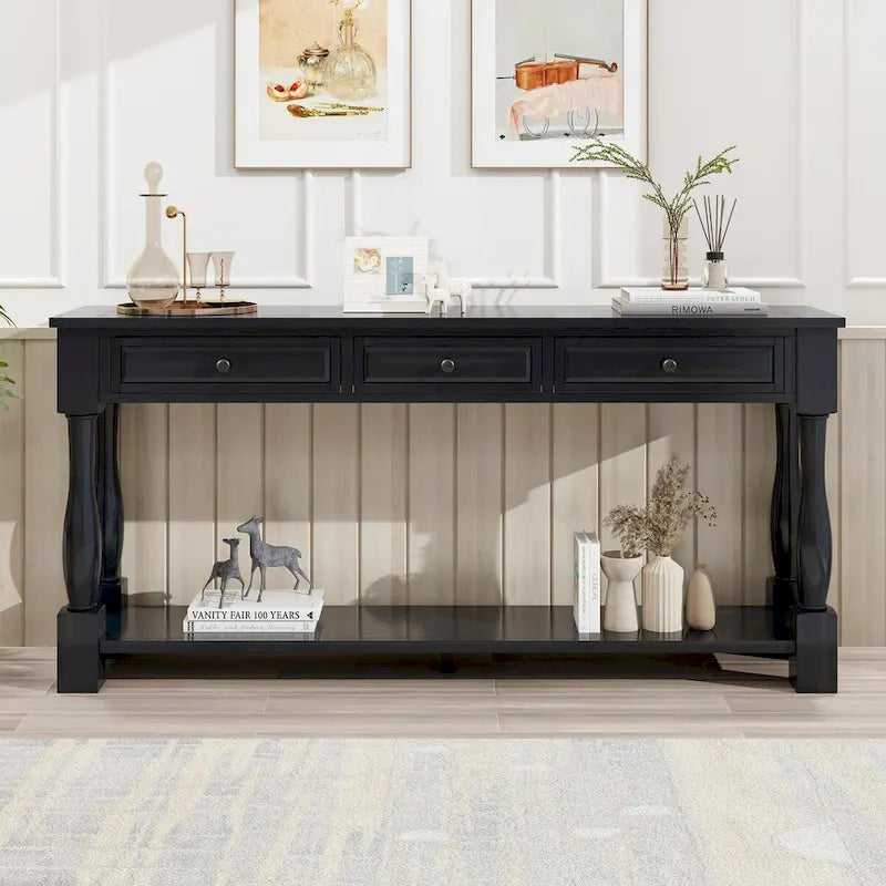 Distressed Solid Wood Console Table with 3 Drawers and Bottom Shelf, Espresso / Antique White / Navy