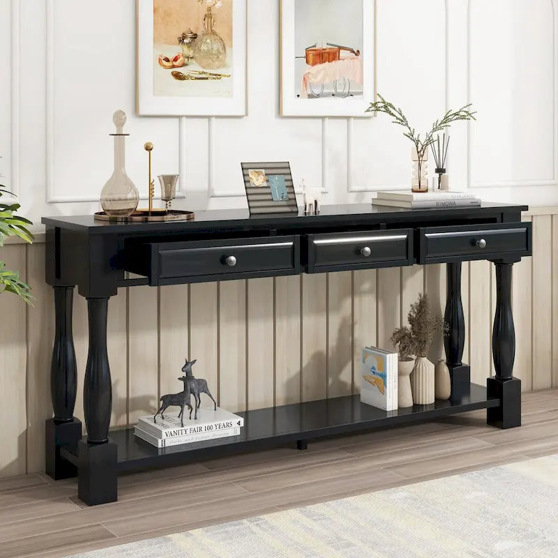 Distressed Solid Wood Console Table with 3 Drawers and Bottom Shelf, Espresso / Antique White / Navy