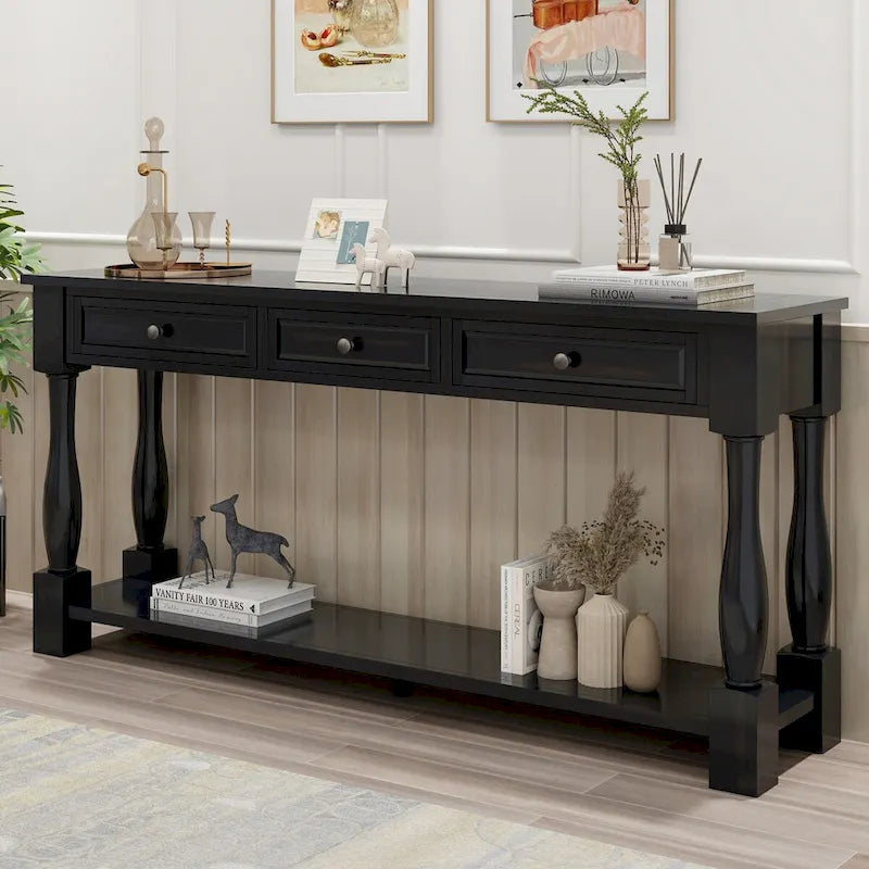 Distressed Solid Wood Console Table with 3 Drawers and Bottom Shelf, Espresso / Antique White / Navy