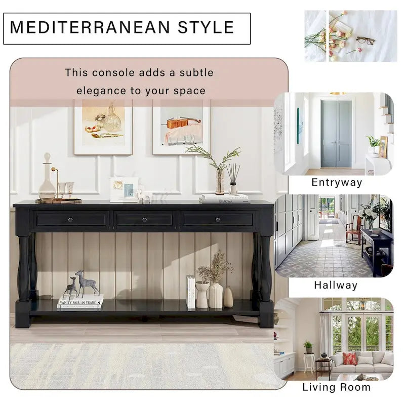 Distressed Solid Wood Console Table with 3 Drawers and Bottom Shelf, Espresso / Antique White / Navy