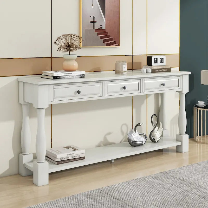 Console en bois massif vieilli avec 3 tiroirs et étagère inférieure, Espresso / Blanc antique / Bleu marine