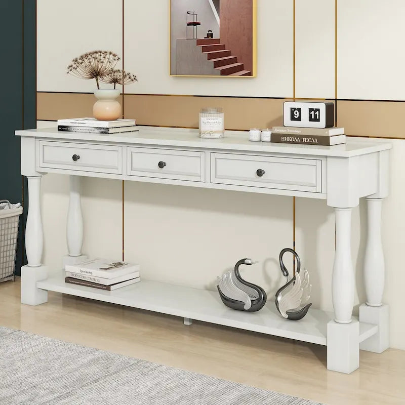 Console en bois massif vieilli avec 3 tiroirs et étagère inférieure, Espresso / Blanc antique / Bleu marine