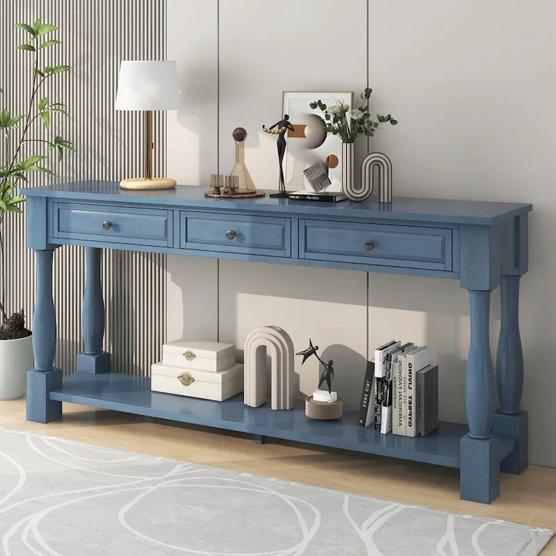 Console en bois massif vieilli avec 3 tiroirs et étagère inférieure, Espresso / Blanc antique / Bleu marine