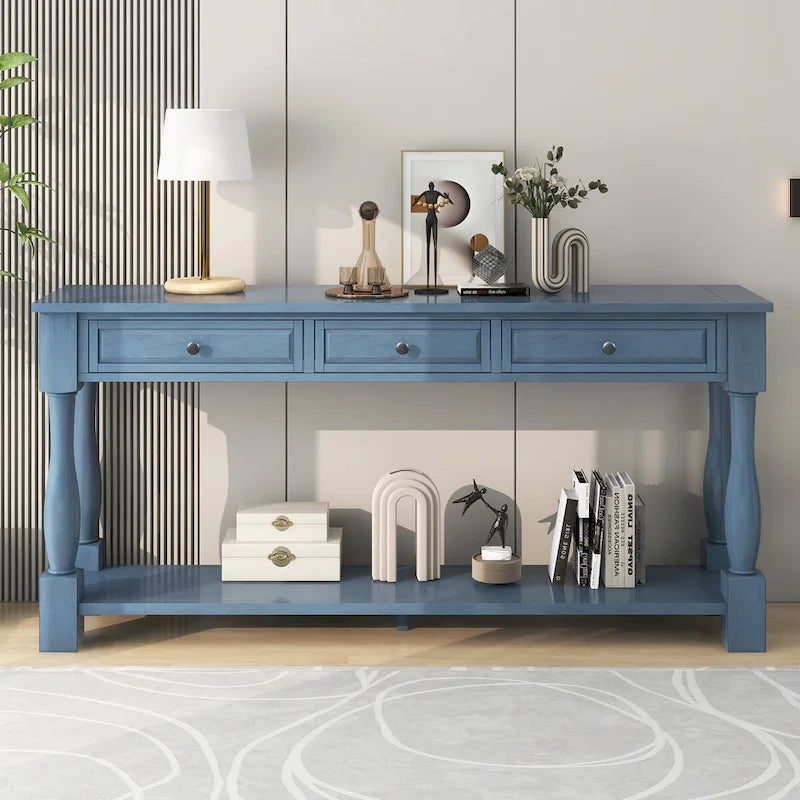 Console en bois massif vieilli avec 3 tiroirs et étagère inférieure, Espresso / Blanc antique / Bleu marine