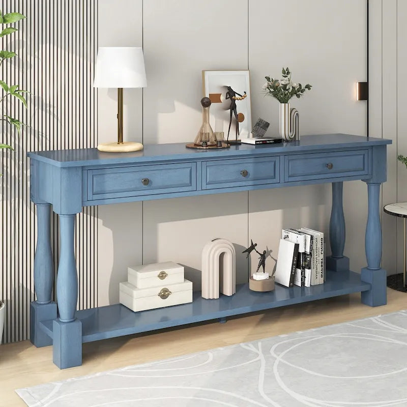 Console en bois massif vieilli avec 3 tiroirs et étagère inférieure, Espresso / Blanc antique / Bleu marine