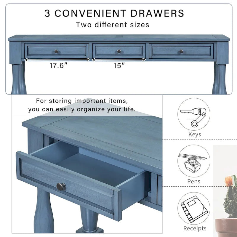 Console en bois massif vieilli avec 3 tiroirs et étagère inférieure, Espresso / Blanc antique / Bleu marine
