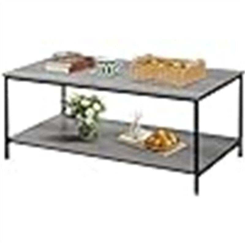 Grey Oak Two-Tier Coffee Table with Open Shelf Black Metal Frame