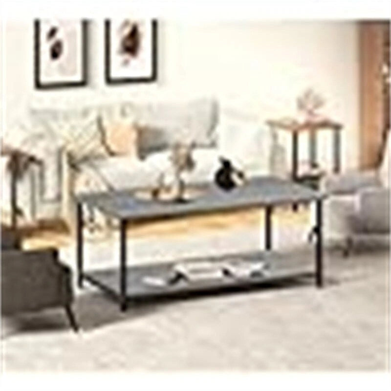 Grey Oak Two-Tier Coffee Table with Open Shelf Black Metal Frame