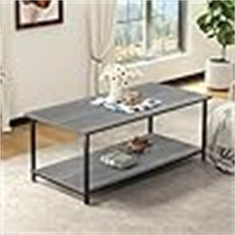 Grey Oak Two-Tier Coffee Table with Open Shelf Black Metal Frame