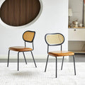 Chaise de salle à manger en cuir PU, assise rembourrée, dossier en rotin, pieds en métal noir, marron