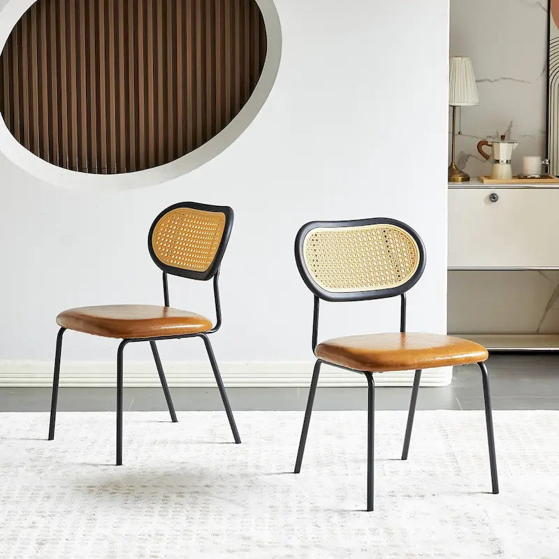 PU Leather Padded Seat Rattan Back Dining Chair Black Metal Legs Brown