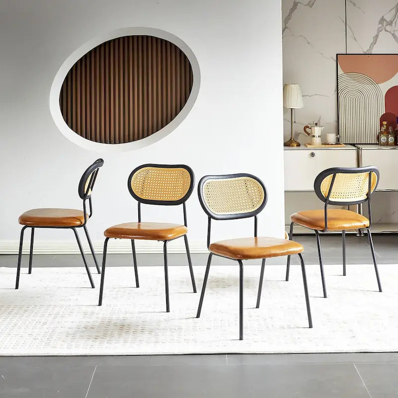 PU Leather Padded Seat Rattan Back Dining Chair Black Metal Legs Brown