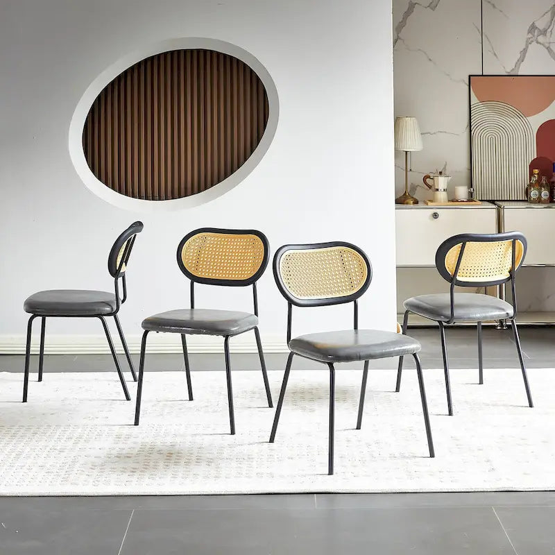 Chaise de salle à manger en cuir PU, assise rembourrée, dossier en rotin, pieds en métal noir, marron