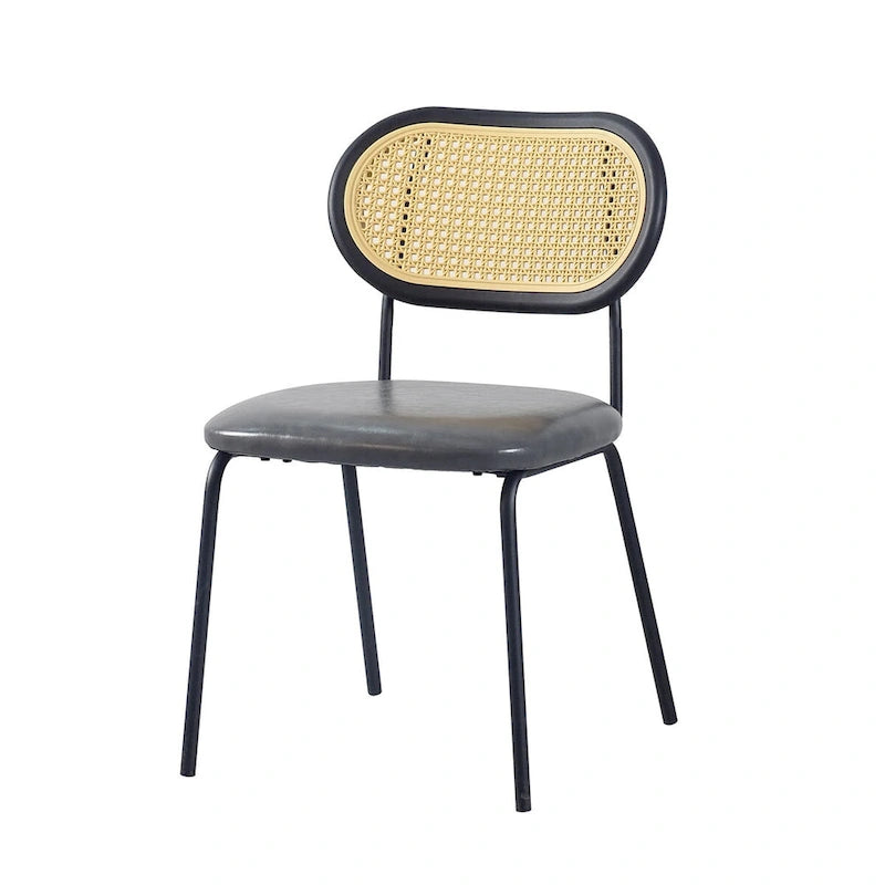 PU Leather Padded Seat Rattan Back Dining Chair Black Metal Legs Brown