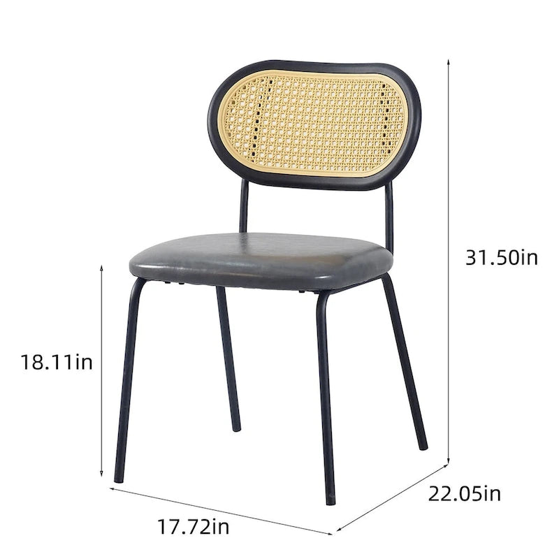 Chaise de salle à manger en cuir PU, assise rembourrée, dossier en rotin, pieds en métal noir, marron