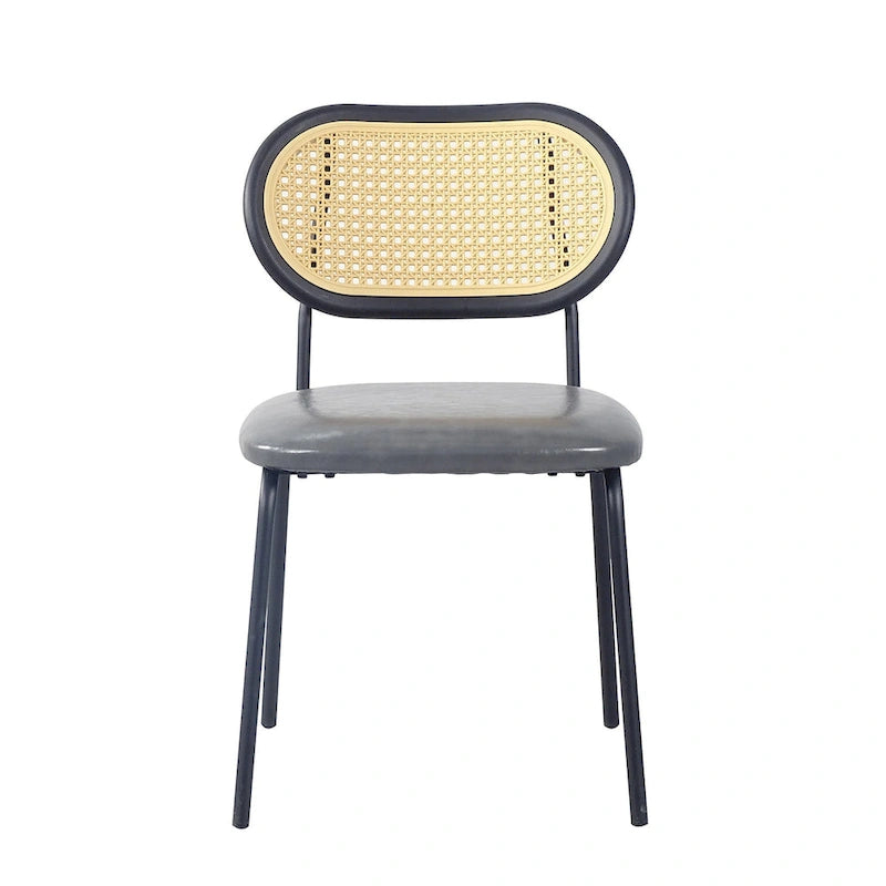 Chaise de salle à manger en cuir PU, assise rembourrée, dossier en rotin, pieds en métal noir, marron