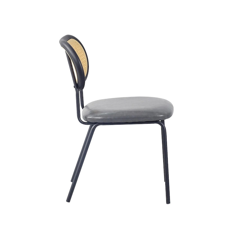 Chaise de salle à manger en cuir PU, assise rembourrée, dossier en rotin, pieds en métal noir, marron