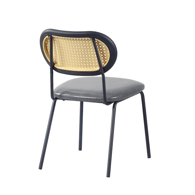 Chaise de salle à manger en cuir PU, assise rembourrée, dossier en rotin, pieds en métal noir, marron