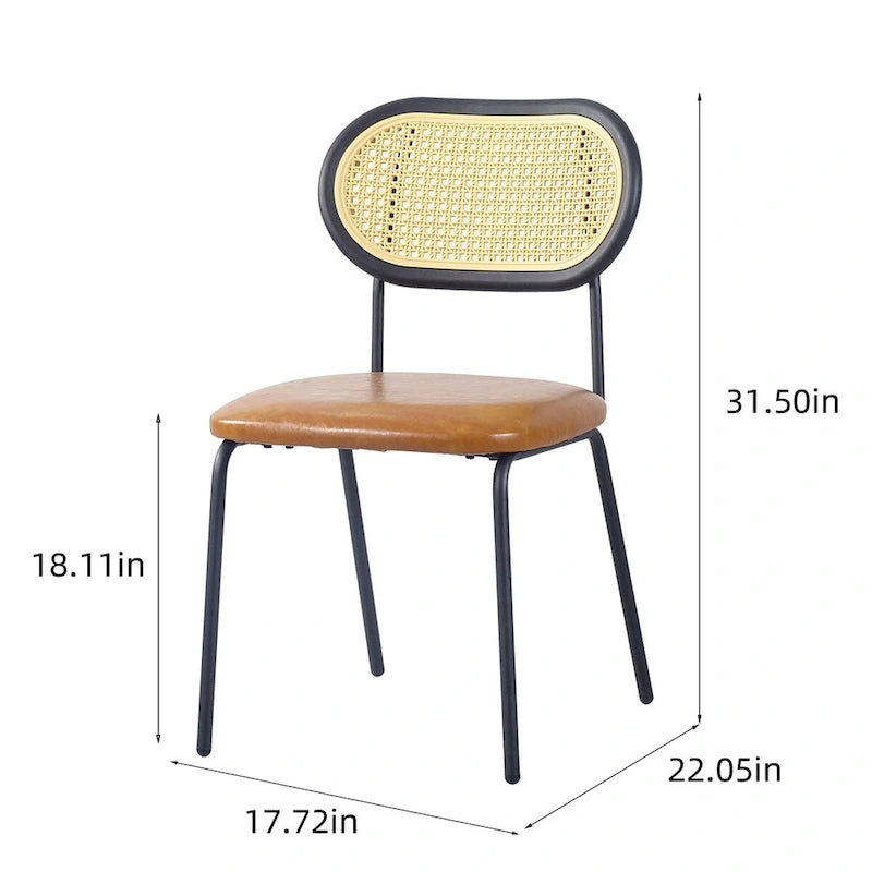 Chaise de salle à manger en cuir PU, assise rembourrée, dossier en rotin, pieds en métal noir, marron