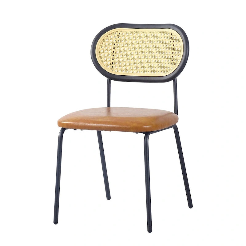 Chaise de salle à manger en cuir PU, assise rembourrée, dossier en rotin, pieds en métal noir, marron